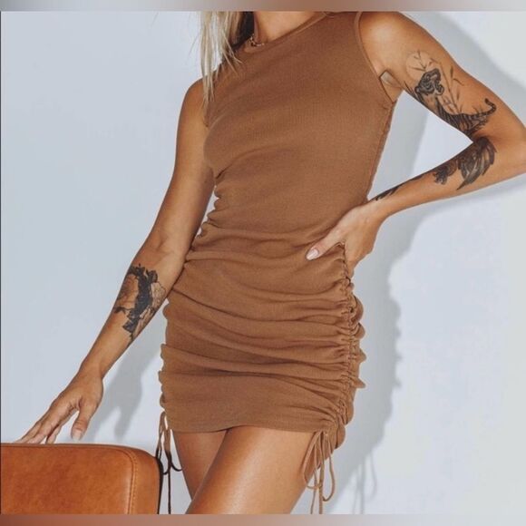 Lioness Dresses & Skirts - Lioness Tan Military Minds Ruched Ribbed Drawstring Mini Dress